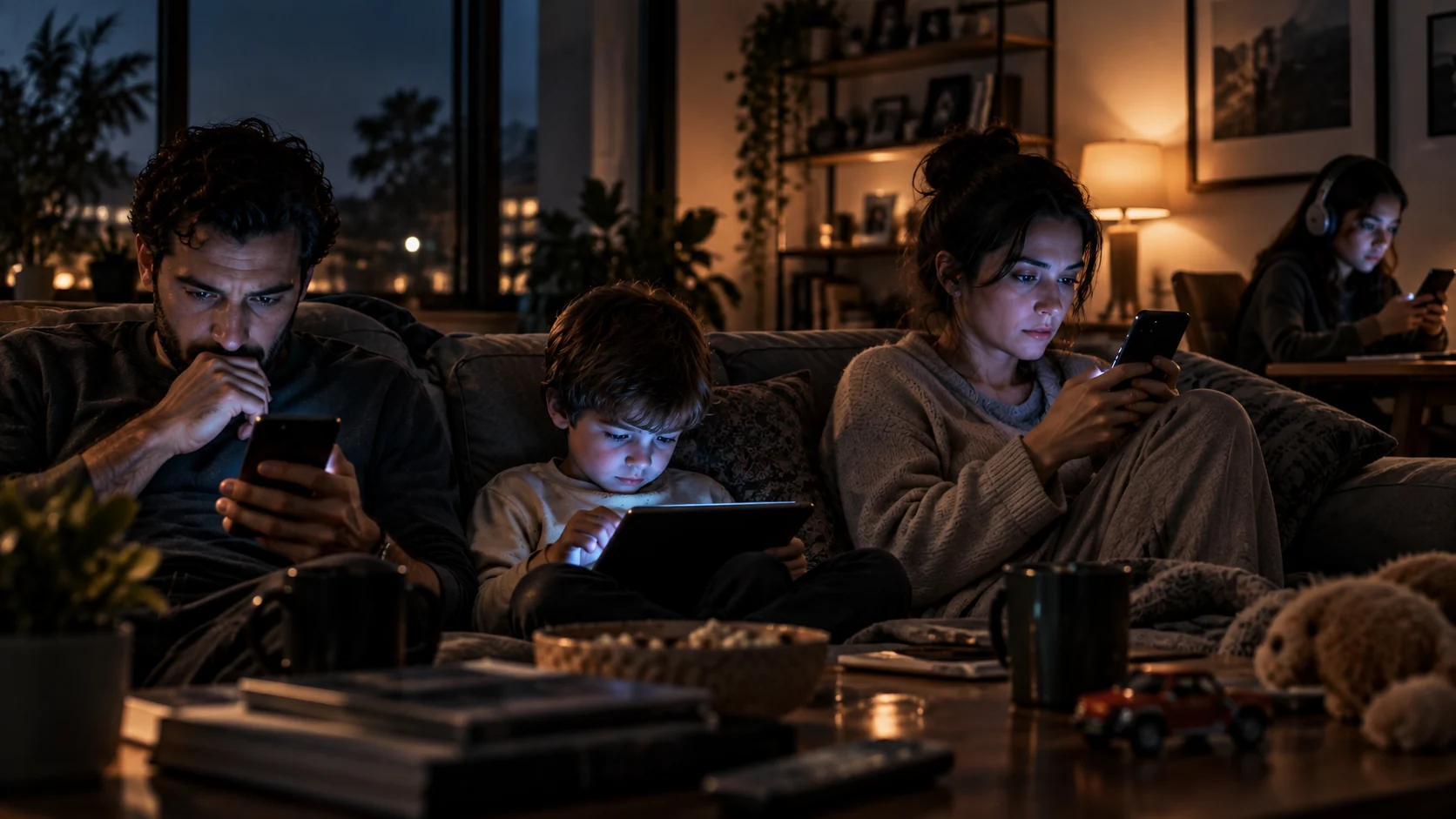 Editorial illustration of a family sitting together while separately absorbed in phones and a tablet