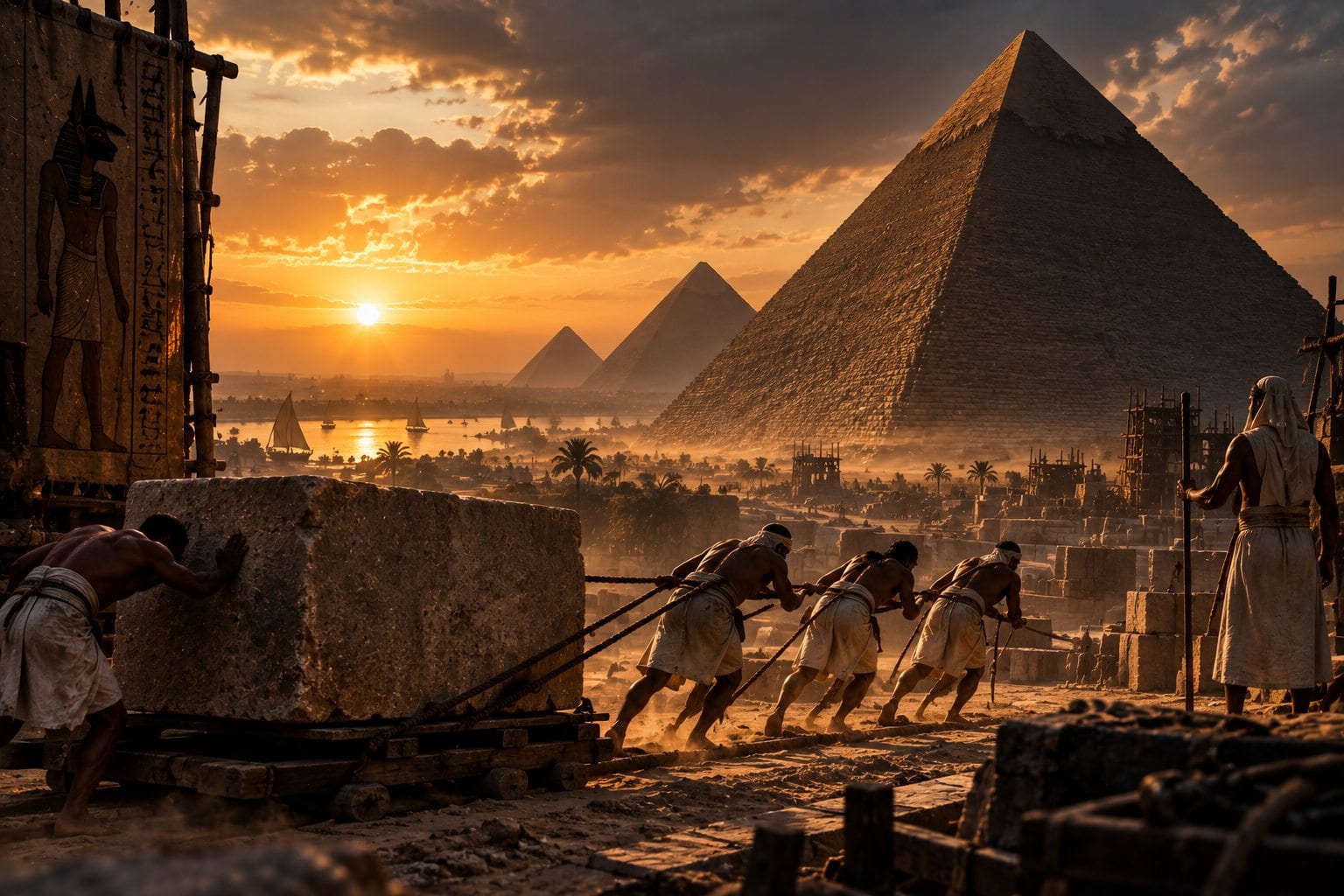 Cinematic historical reconstruction of ancient Egyptian workers building a monumental pyramid using stone blocks, sledges and organized labor