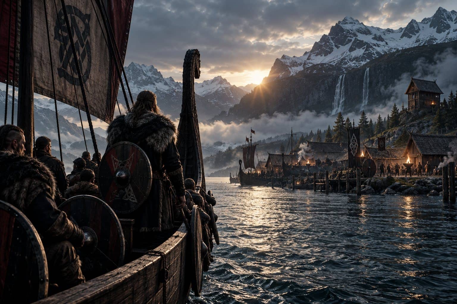 Cinematic Scandinavian fjord scene with a historically plausible Viking longship, Norse travelers and coastal settlement at sunrise