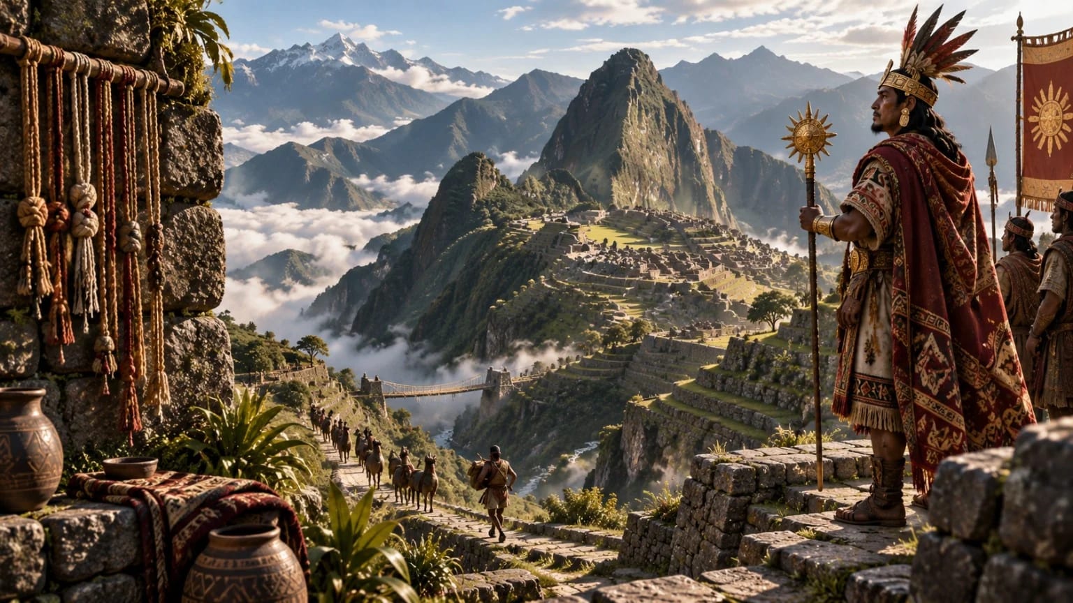 Editorial historical reconstruction of an Inca ruler overlooking Andean terraces, stone buildings and mountain roads; not a literal portrait of a specific ruler