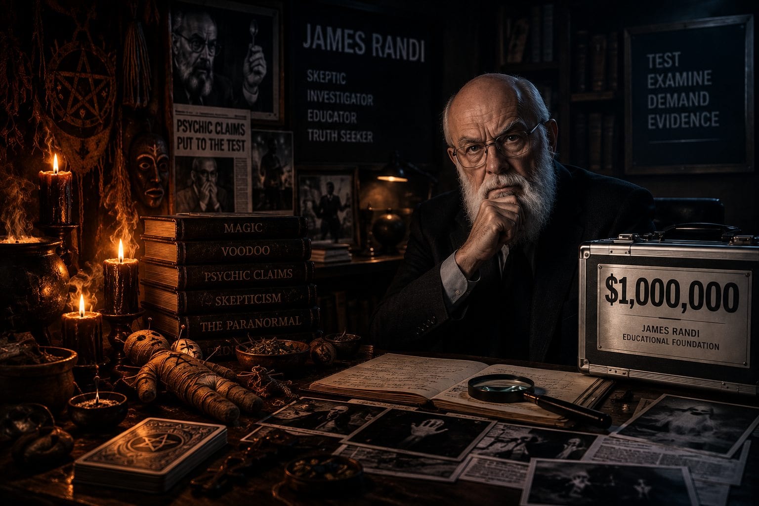 Cinematic contrast between occult and magical imagery and James Randi's scientific challenge offering one million dollars for evidence of paranormal ability