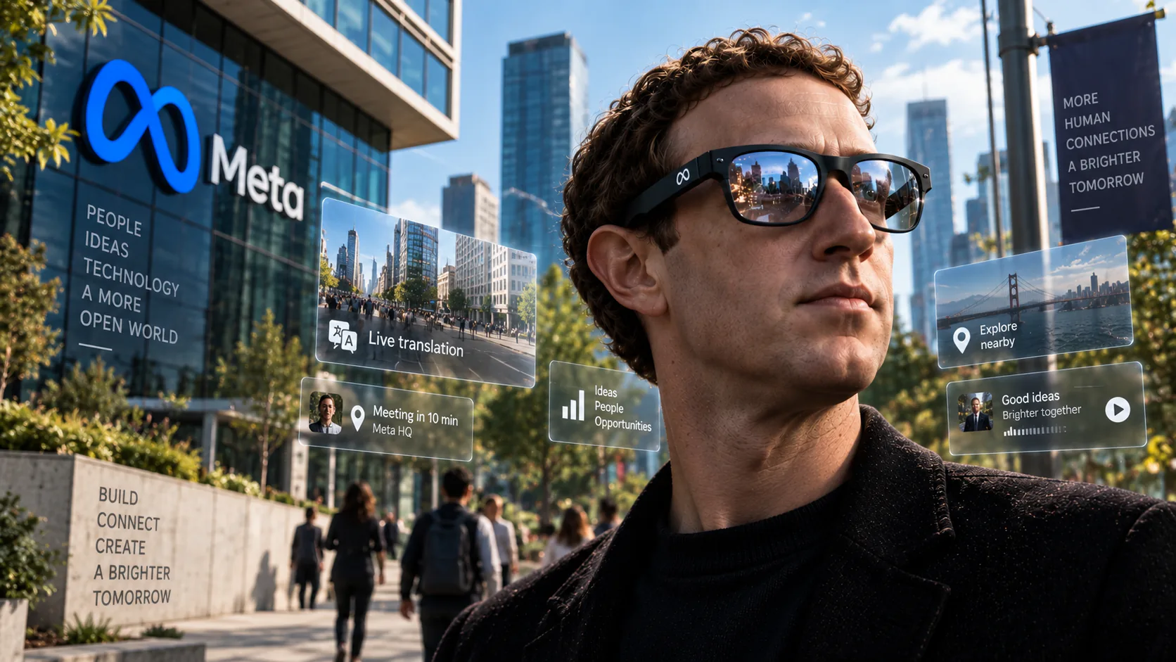 Mark Zuckerberg wearing smart glasses outside a Meta campus with augmented reality interface concepts