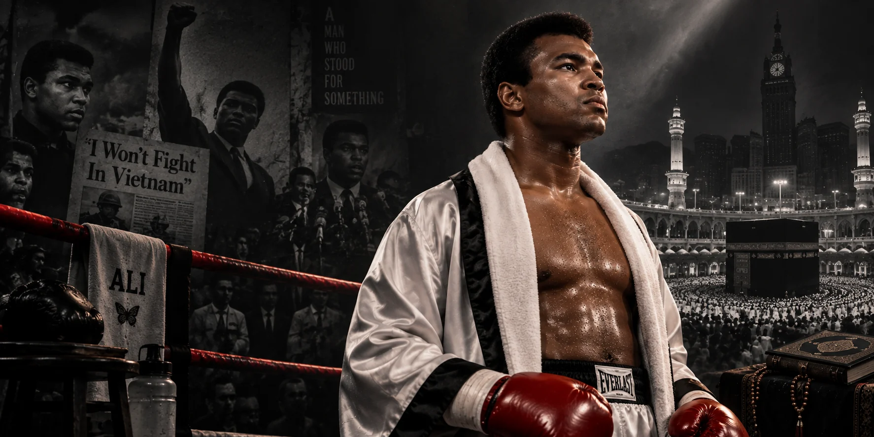 Conceptual editorial montage of Muhammad Ali in boxing robes and gloves, with civil-rights-era imagery and Mecca, combining different periods of his life; not a single historical photograph