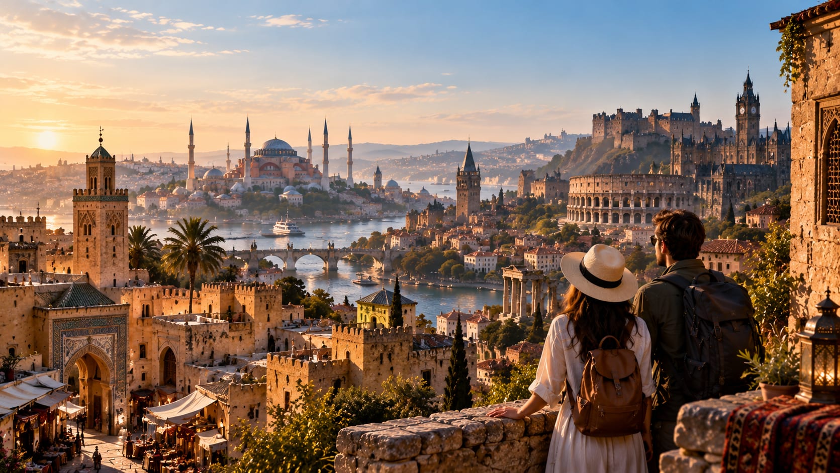 Editorial multi-city composite of historic landmarks, old streets and a traveling couple overlooking the skyline