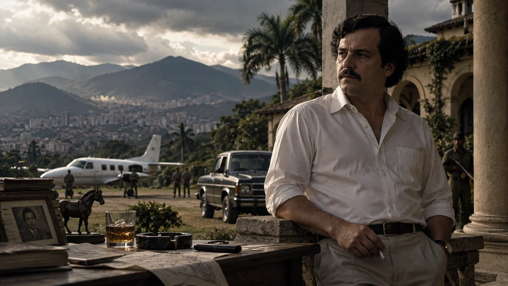 Cinematic editorial reconstruction of Pablo Escobar overlooking a Colombian city from an estate terrace; not an archival photograph or a documented scene