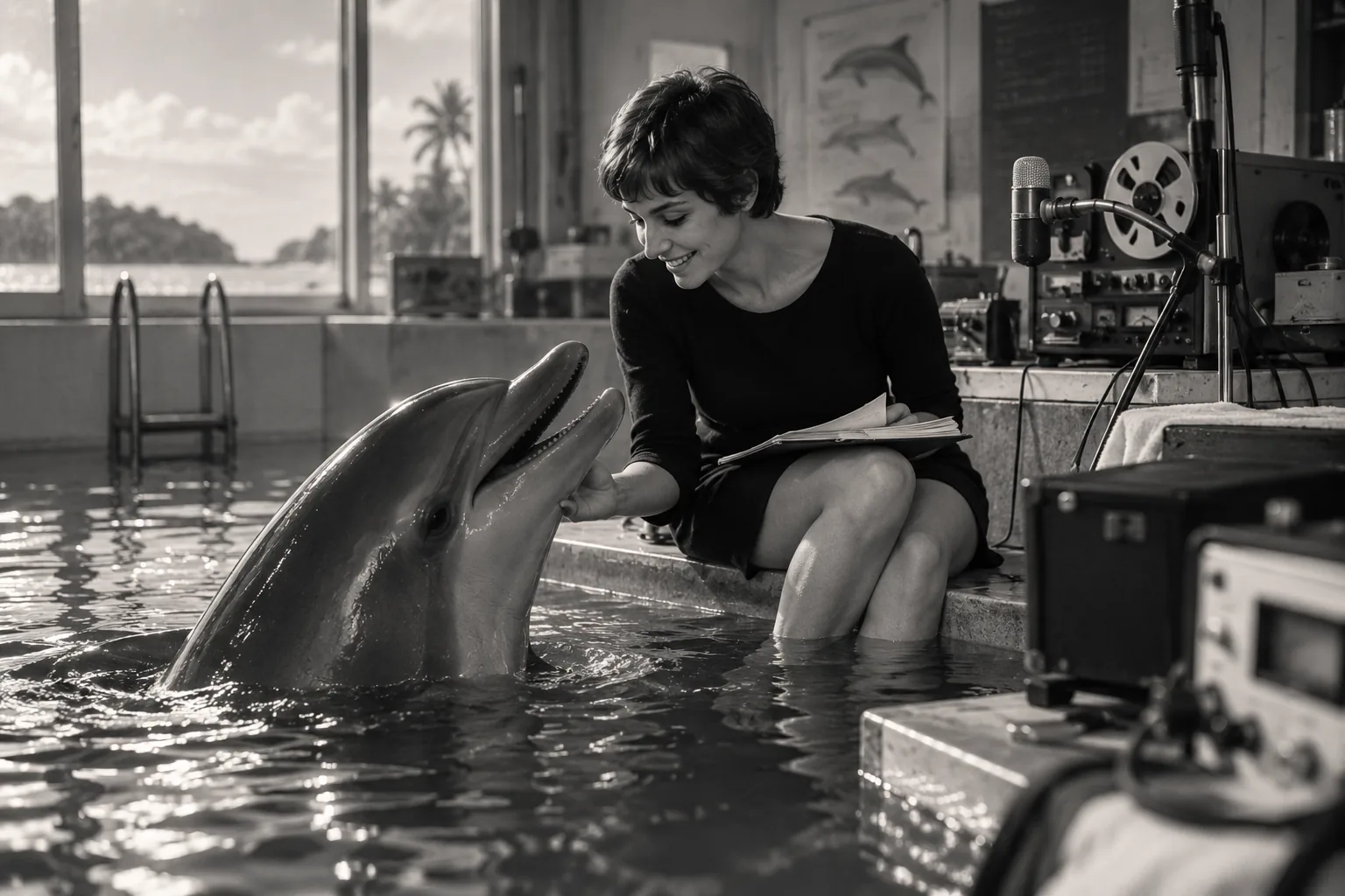 PRESDA editorial illustration inspired by the 1960s dolphin communication experiment, showing Margaret Howe Lovatt with Peter the dolphin inside Dolphin House