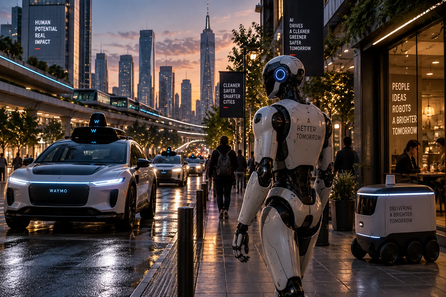 Cinematic future city with humanoid robot, autonomous vehicles and delivery robots showing how AI could improve everyday life by 2030