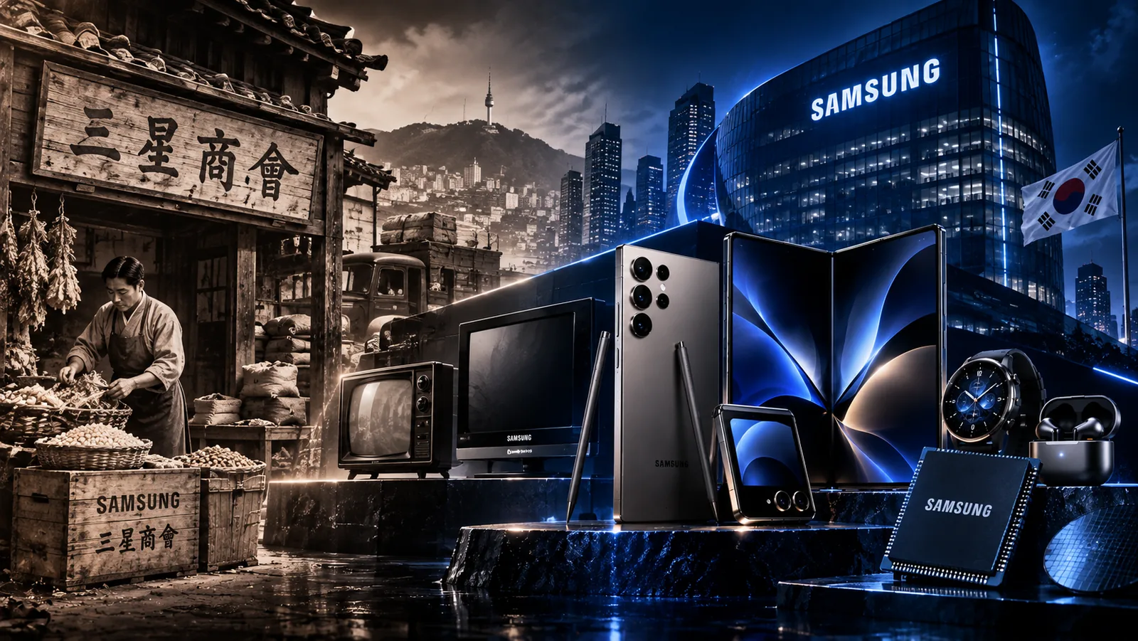 Cinematic Samsung history image showing an early Korean trading shop beside modern Galaxy phones, foldables, semiconductors and Samsung headquarters