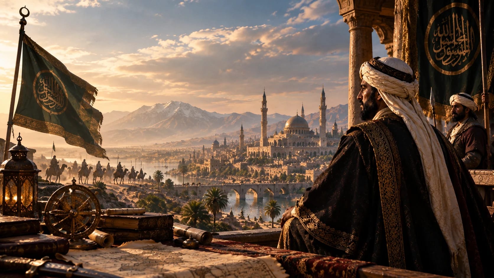 Editorial historical reconstruction of an imagined Umayyad ruler overlooking Damascus; not a documented portrait or period skyline
