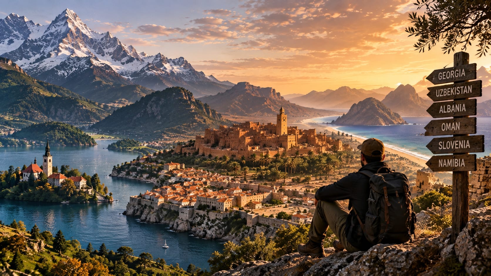 Editorial travel composite of mountains, lakes, coastal towns and a traveler beside a destination signpost