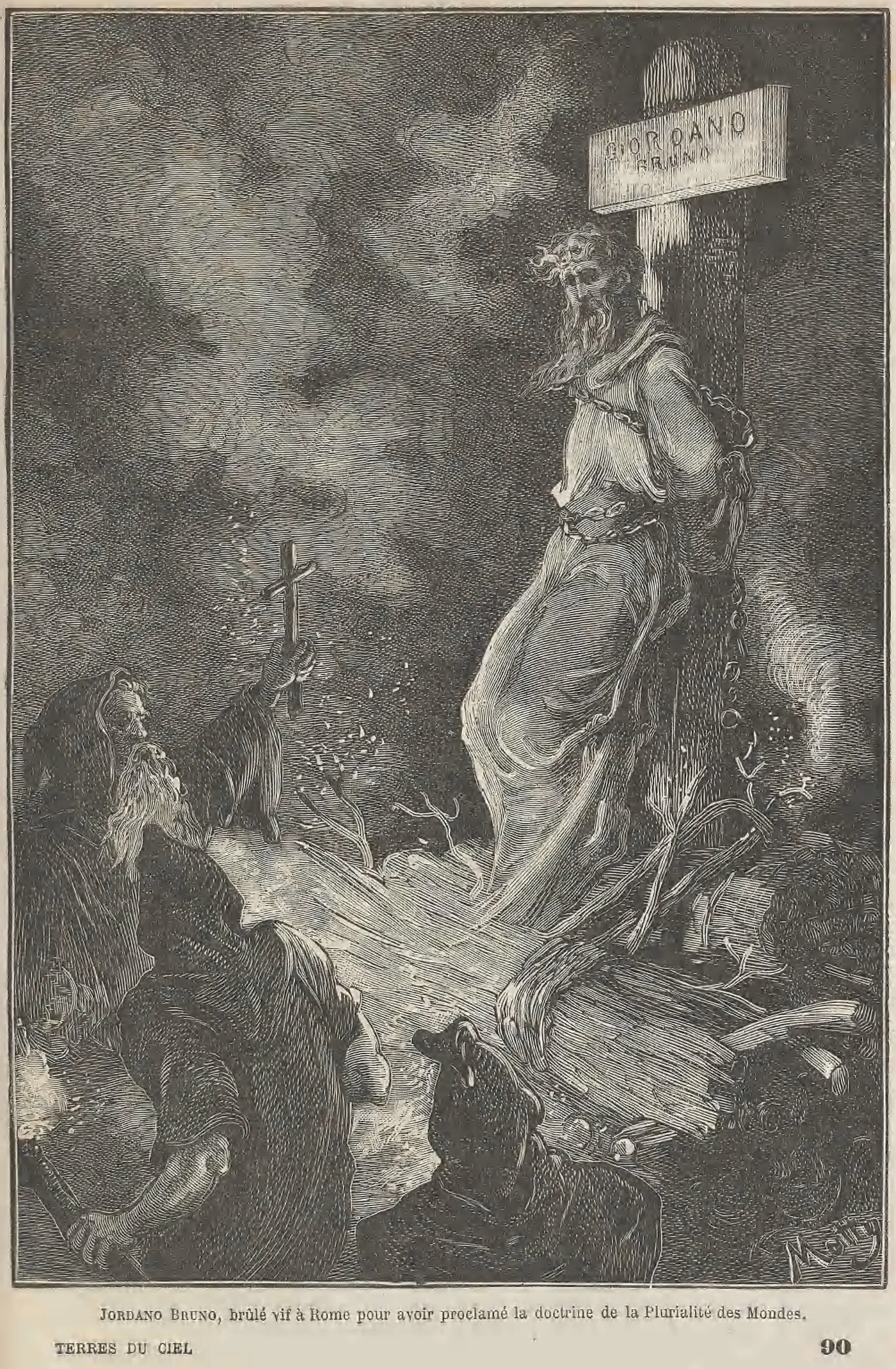 Grabado del siglo XIX que representa a Bruno atado a una estaca, junto a un clérigo y espectadores.