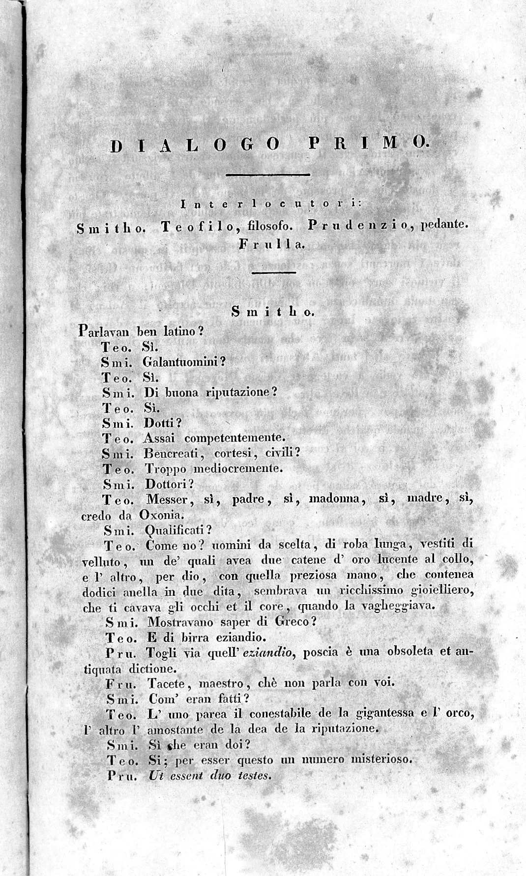 Página impresa de 1830 con los interlocutores y el comienzo de La cena de las cenizas.