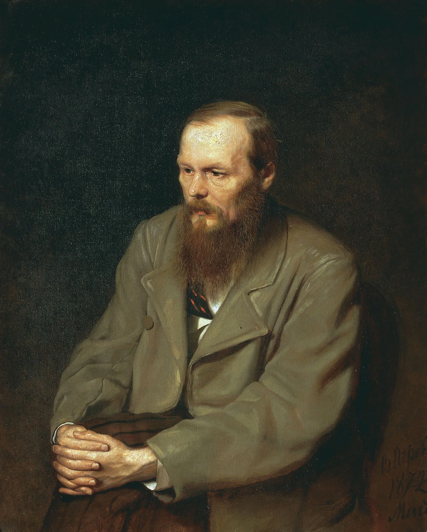 Vasily Perov’s painted portrait of Dostoevsky seated with his hands clasped.