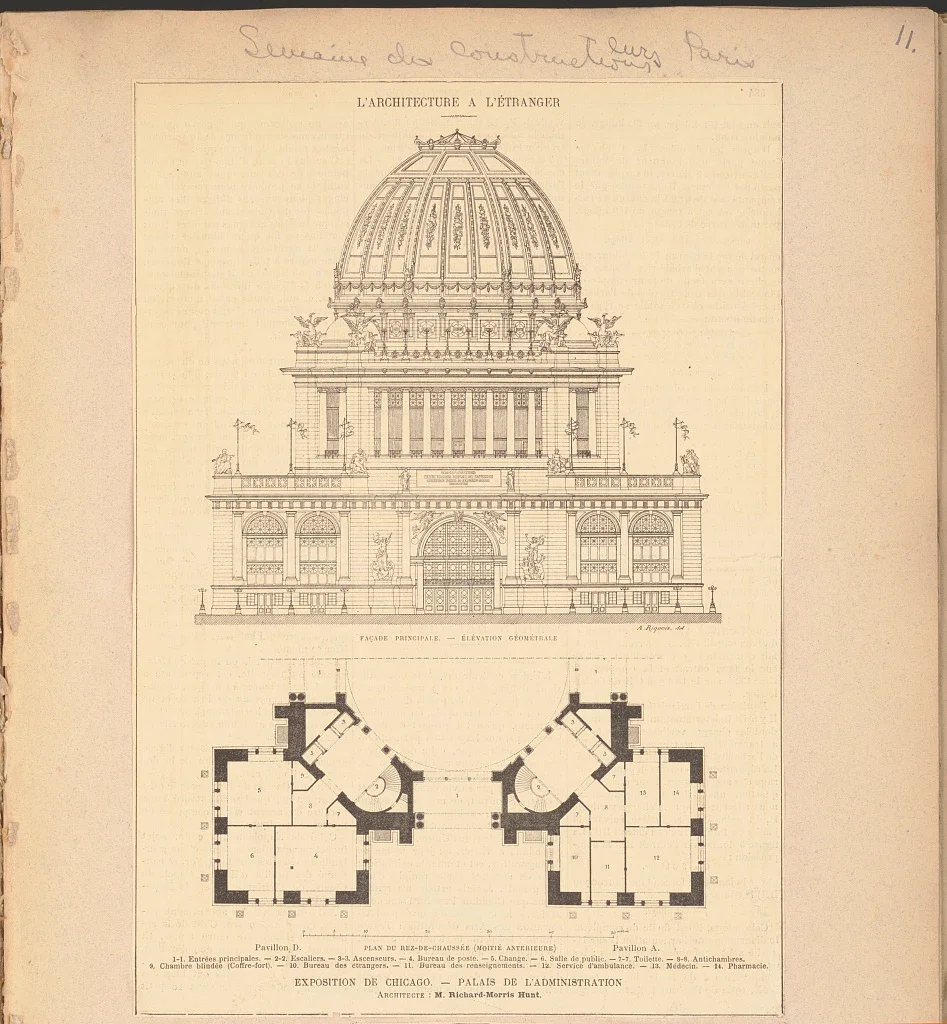 Elevation and plan of Chicago’s 1893 exposition Administration Building: Richard Morris Hunt, architect; A. Riquois, drawing.