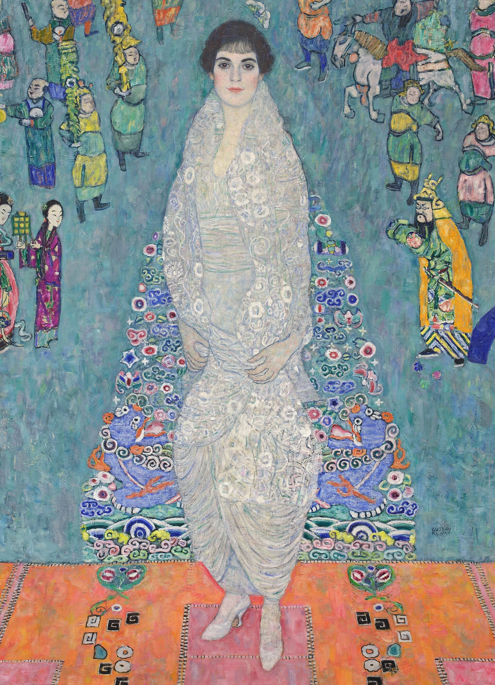 Elisabeth Lederer de cuerpo entero, vestido y entorno decorativos, por Klimt