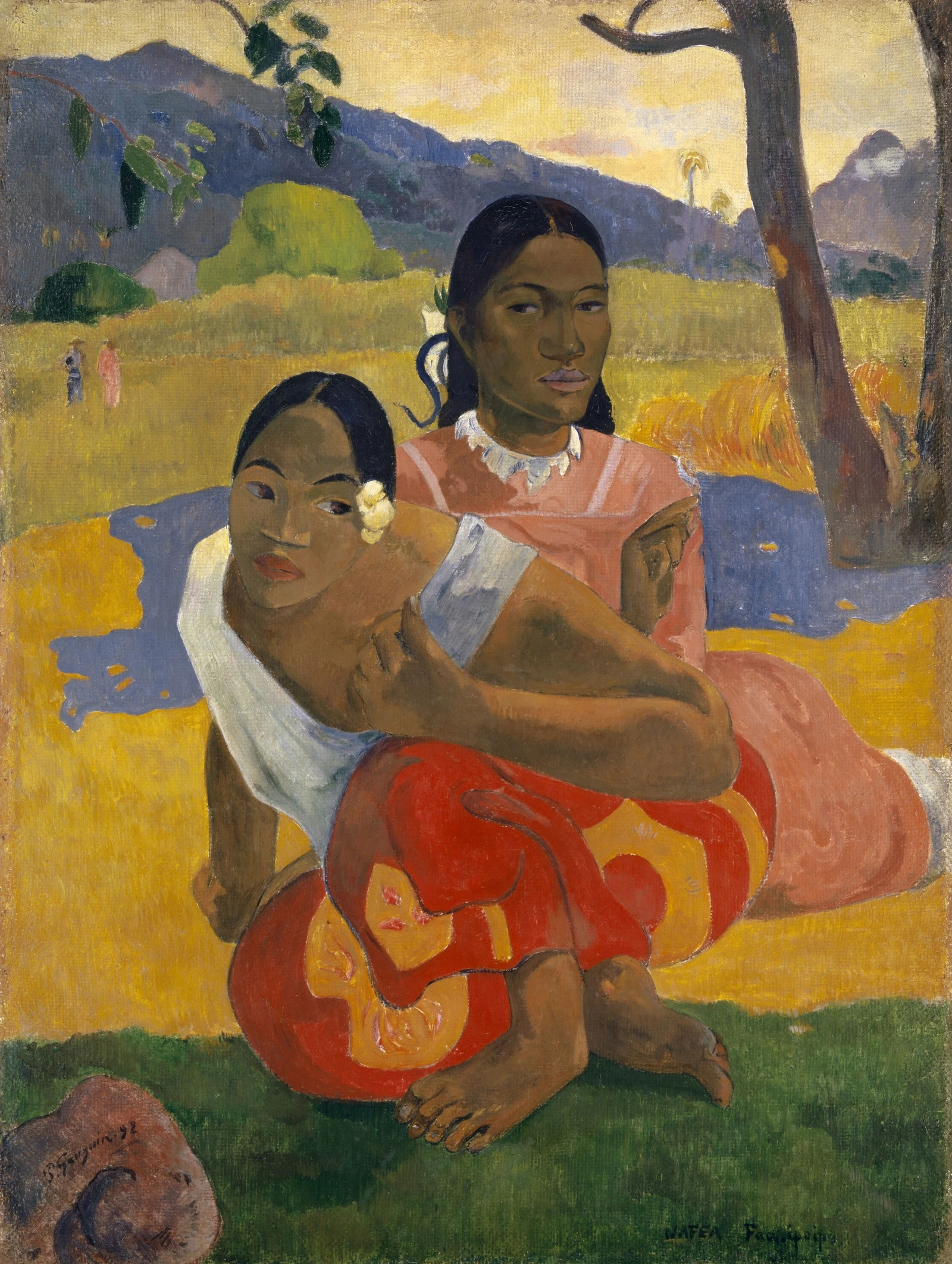 Nafea faa ipoipo de Gauguin, dos mujeres en un paisaje tahitiano de colores
