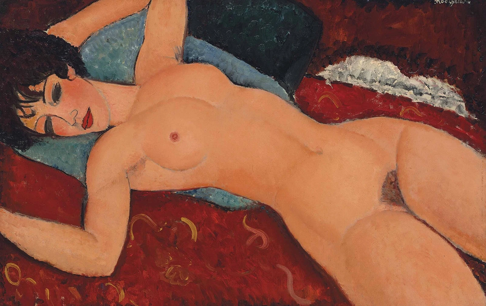 Nu couché subastado en 2015, figura recostada sobre fondo rojo, Modigliani