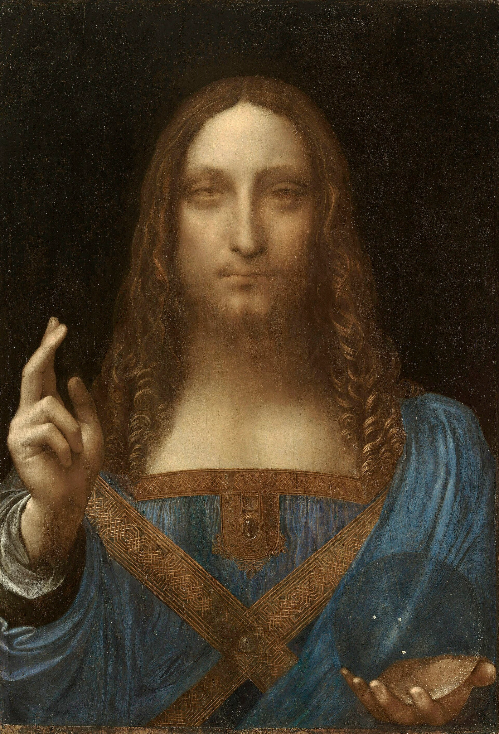 Salvator Mundi atribuido a Leonardo, Cristo con una esfera y la mano levantada