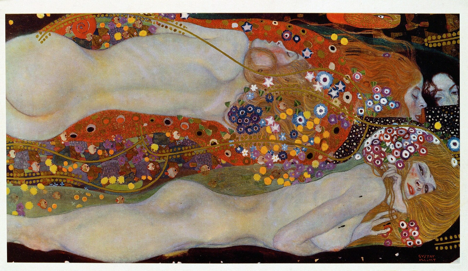 Wasserschlangen II de Klimt, figuras recostadas y ornamentos florales