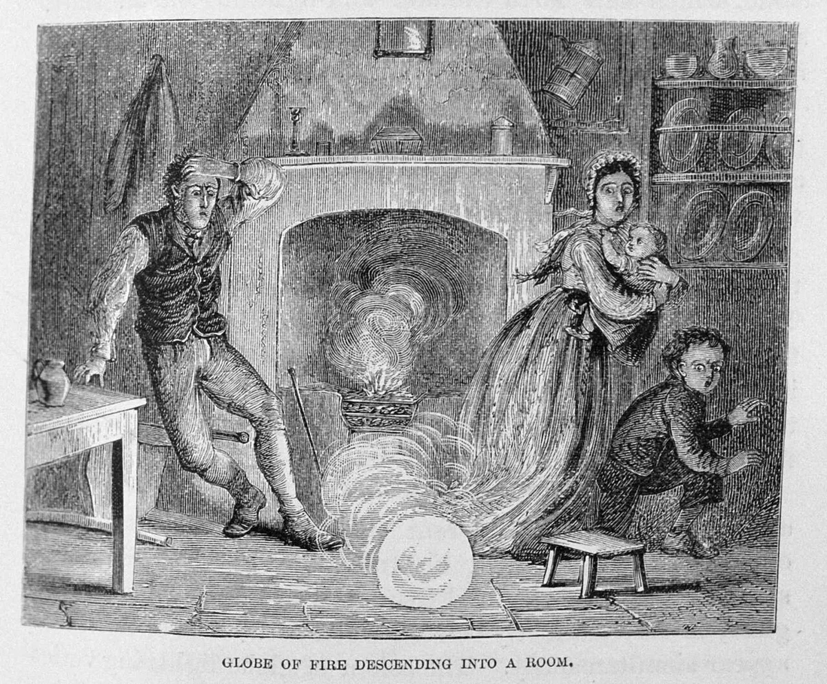 Ilustración histórica de un relato de rayo globular, publicada en 1886