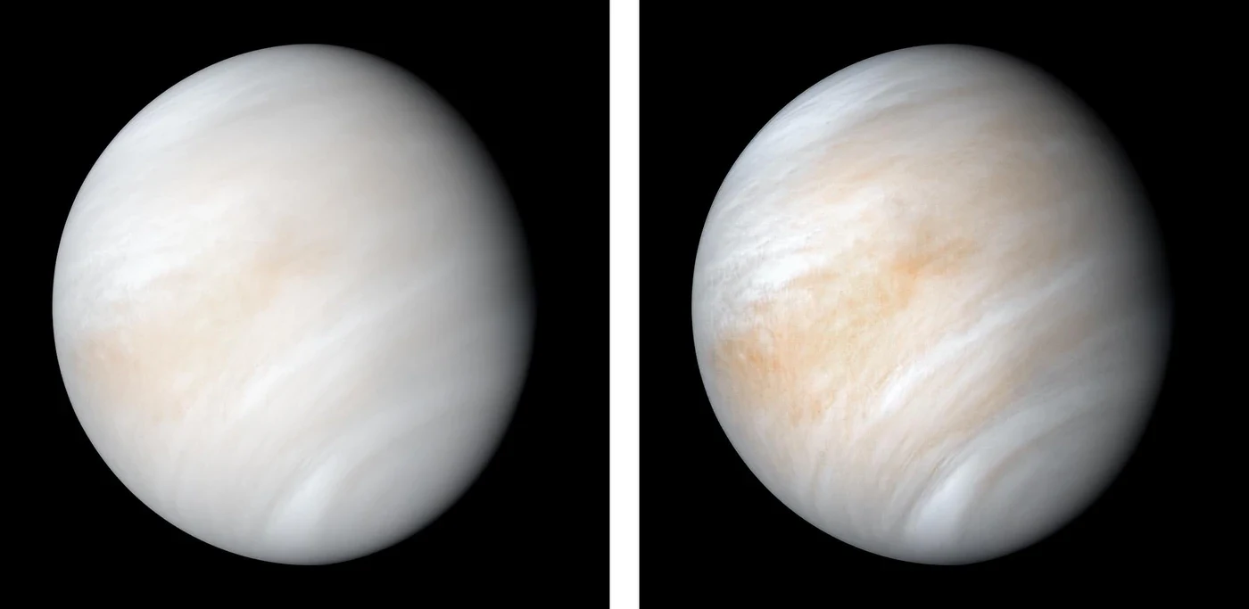 Deux globes traités montrant les nuages tourbillonnants de Vénus