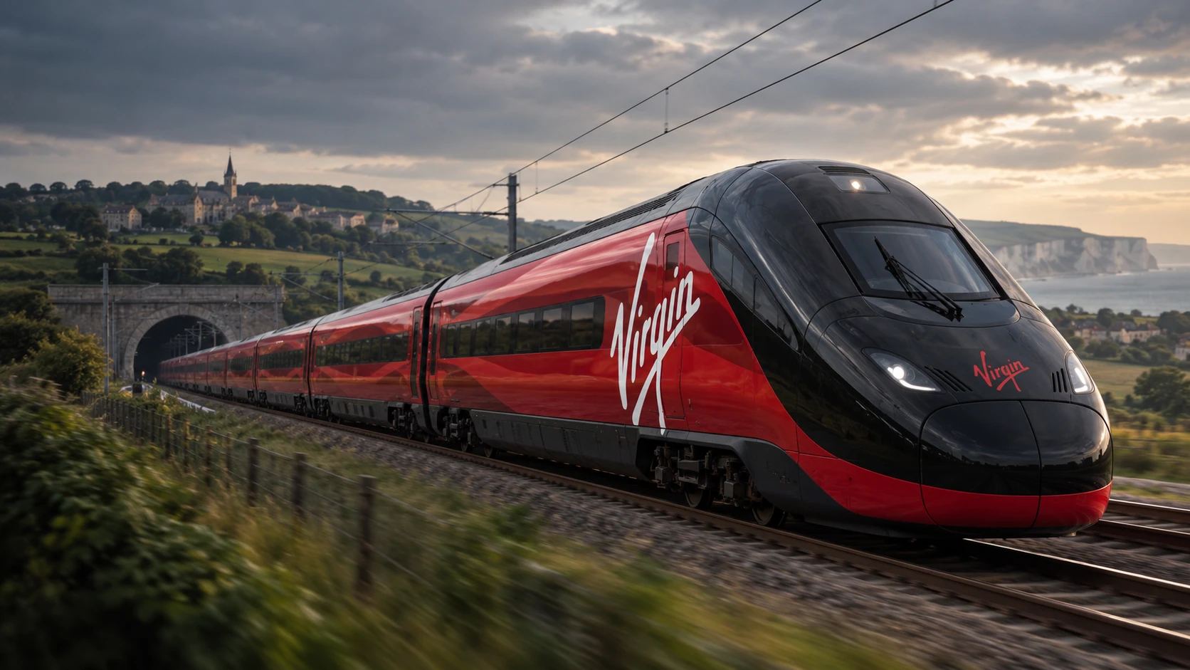AI-generated cinematic concept of a red Virgin-inspired high-speed train in countryside; not an operating cross-Channel train or an official Alstom design