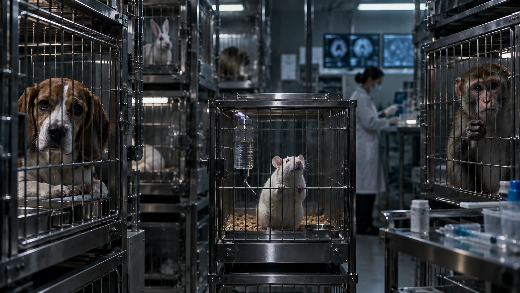 Illustration conceptuelle présentant un chien, un rongeur, des lapins et un primate dans un laboratoire imaginaire.