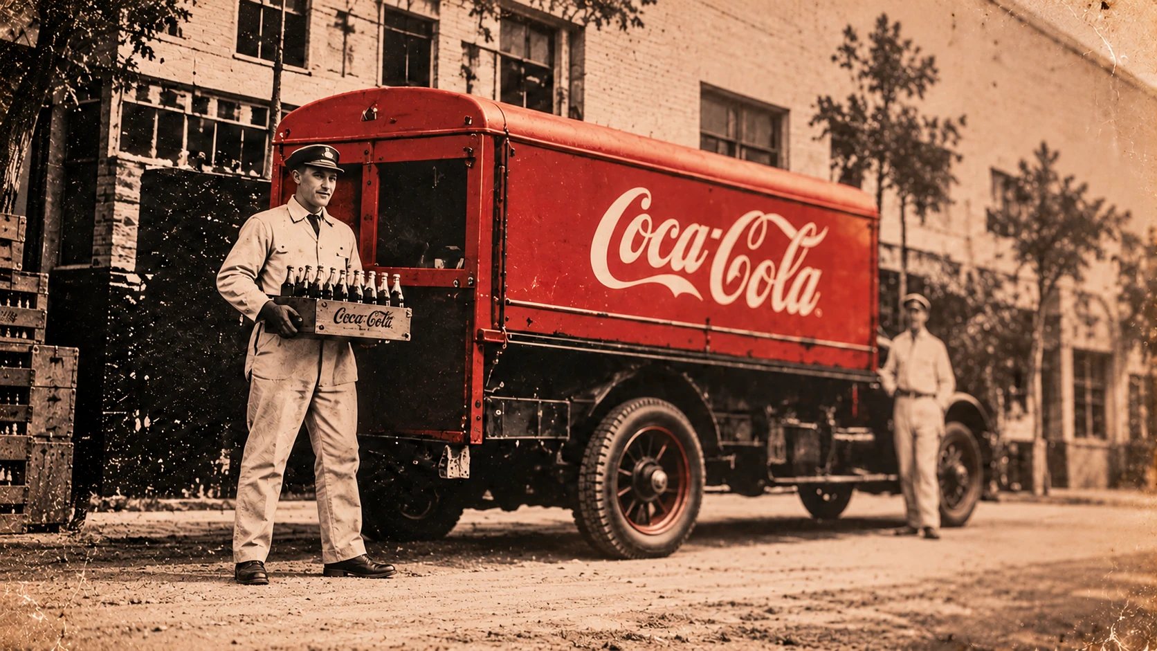 AI-generated imagined vintage Coca-Cola delivery truck with a driver carrying bottles