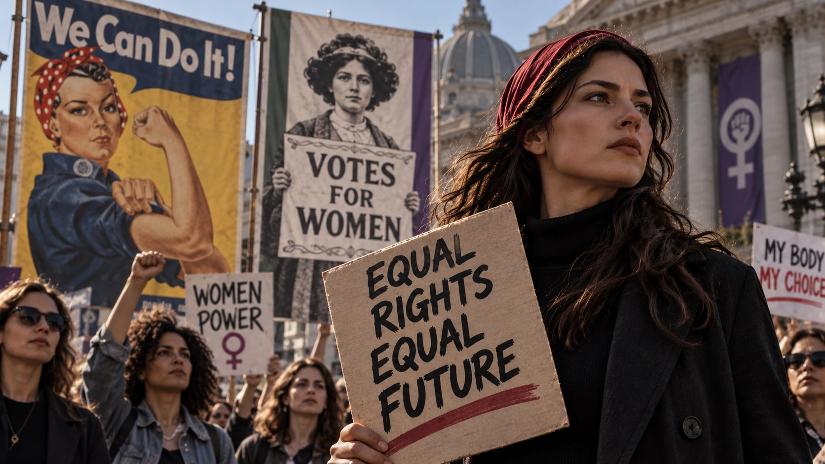AI-generated editorial illustration of an imagined women’s rights demonstration, with a woman holding an equal-rights placard on the right