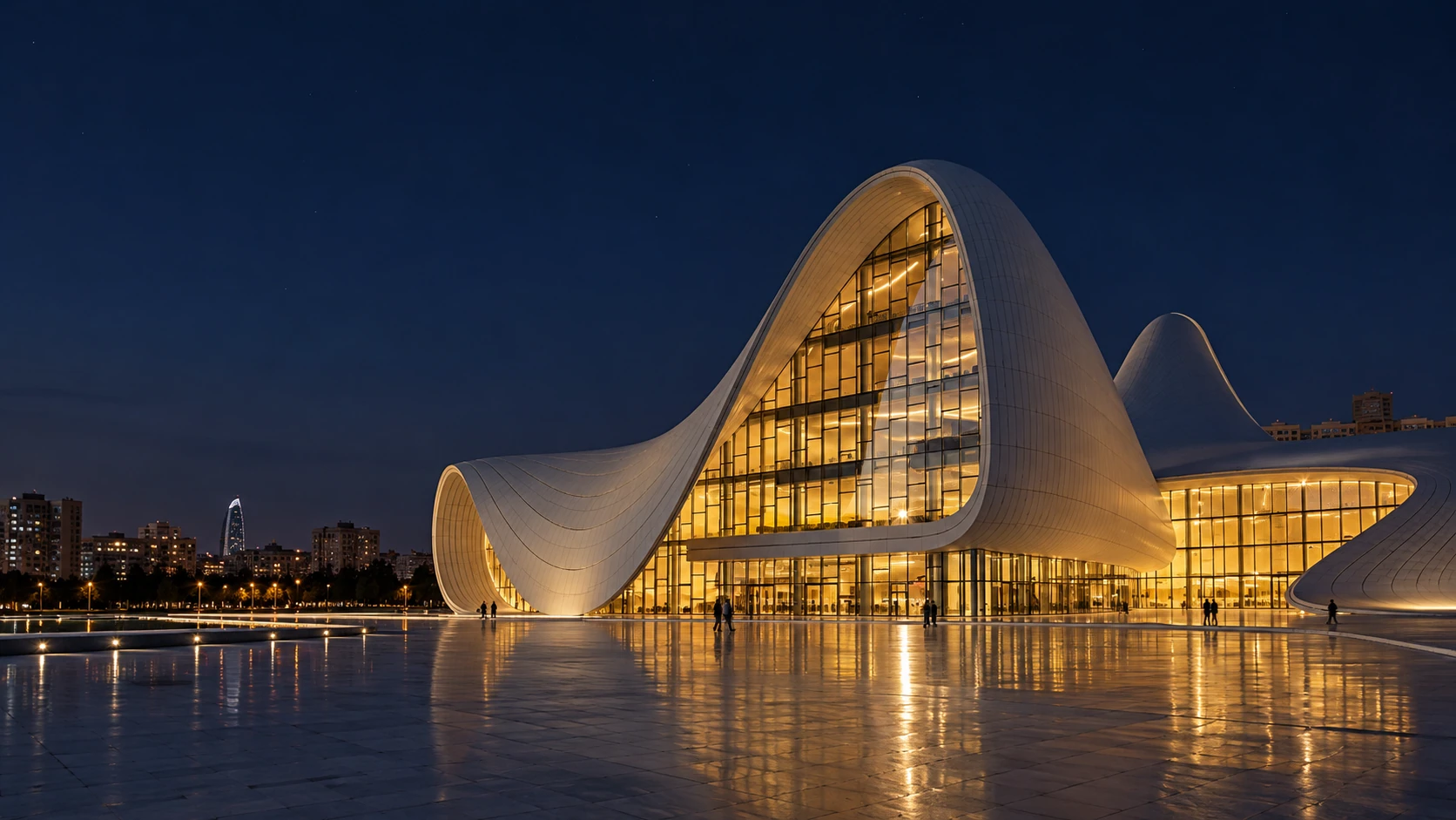 Illustration éditoriale générée par IA du centre Heydar Aliyev de nuit, à droite avec ciel dégagé à gauche, pas une photographie authentique
