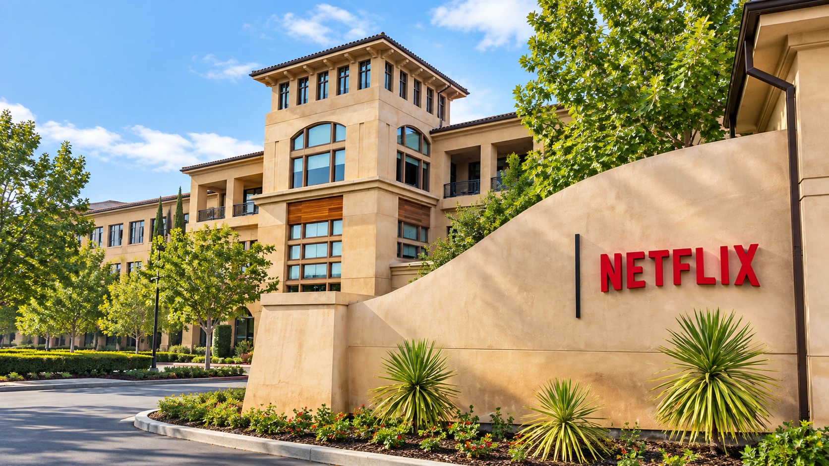 Illustration éditoriale par IA d’une entrée de campus Netflix en plein jour, sans valeur de photographie documentaire