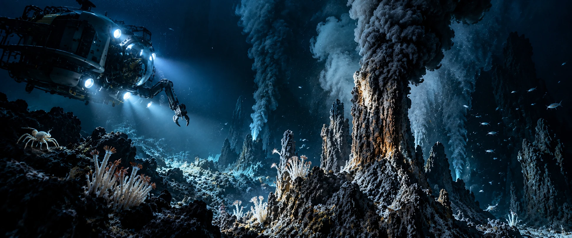 AI-generated conceptual illustration of an ROV at a hydrothermal vent, not a photograph of the Clarion-Clipperton sediment discovery