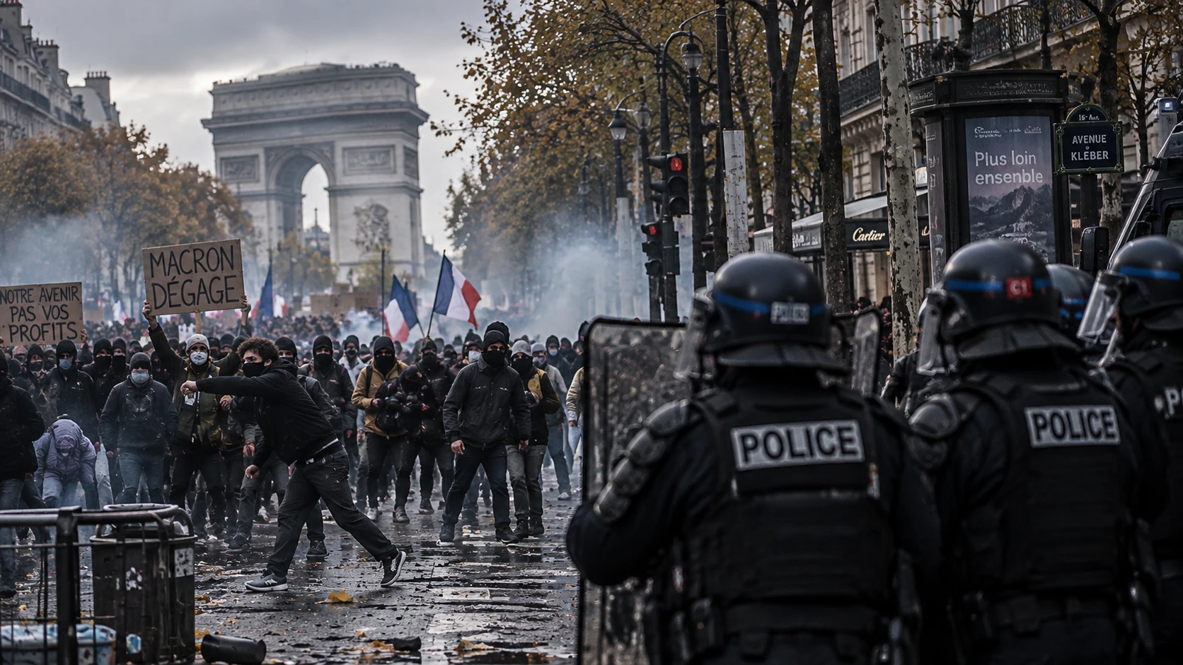 Illustration éditoriale générée par IA d’une manifestation près de l’Arc de Triomphe, pas une photographie authentique des mobilisations d’octobre 2026