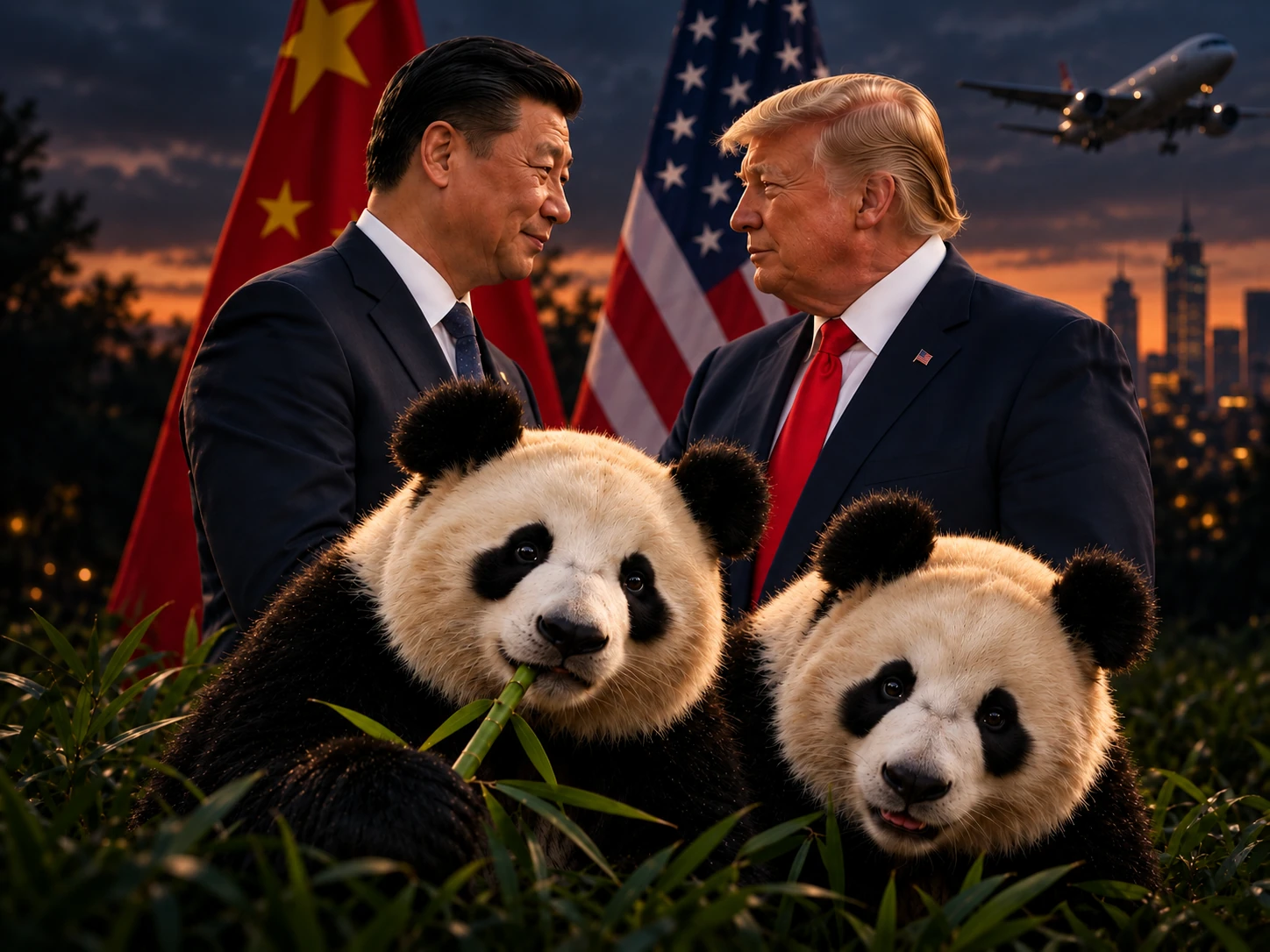 Ilustración editorial de Xi Jinping y Donald Trump detrás de dos pandas gigantes, con banderas y un avión al anochecer
