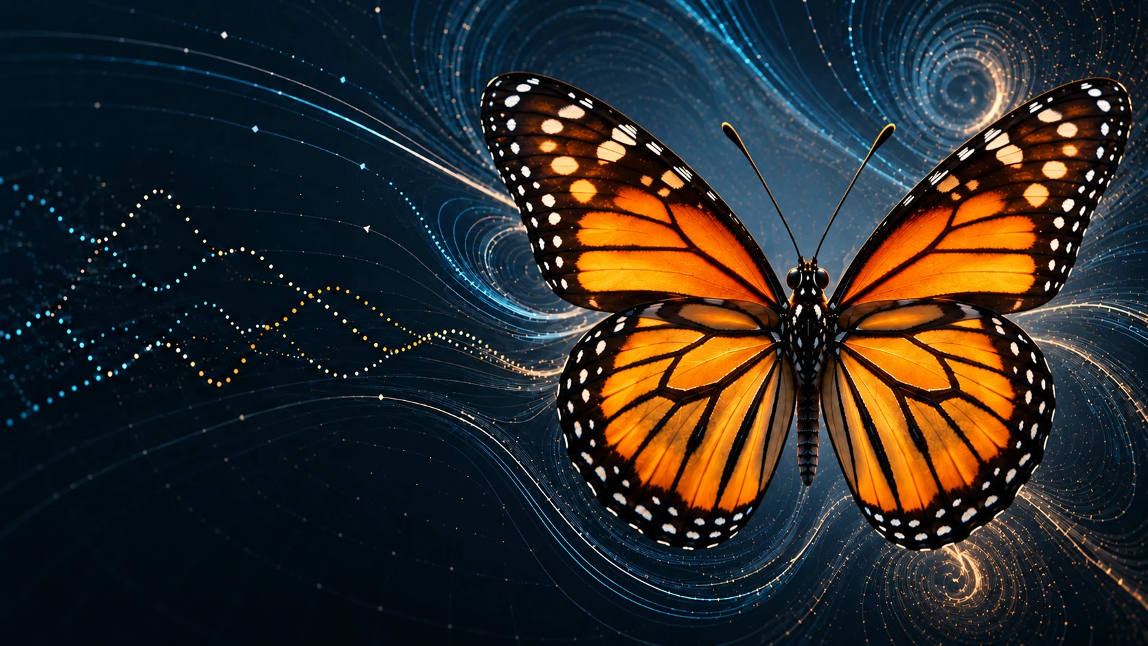 Ilustración artística generada por IA de una mariposa monarca entre patrones imaginarios, no una simulación científica ni evidencia de una tormenta causada por un insecto.