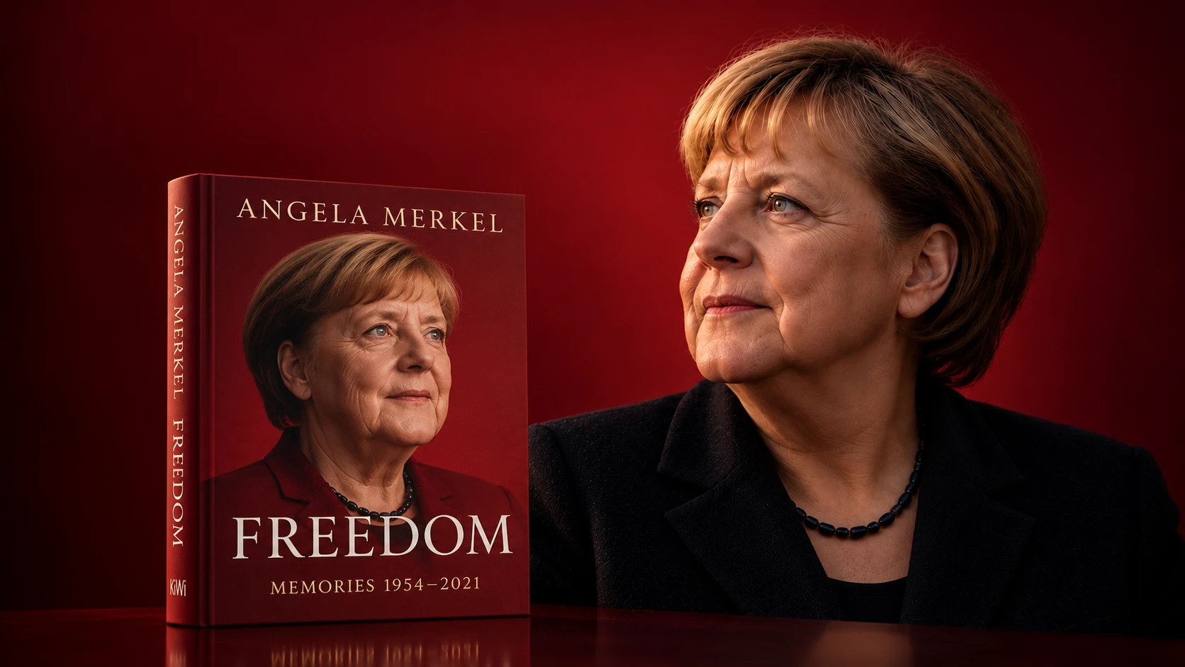 Ilustración editorial generada con IA de Angela Merkel junto a un libro rojo estilizado, sin reproducir una portada oficial ni una fotografía documental