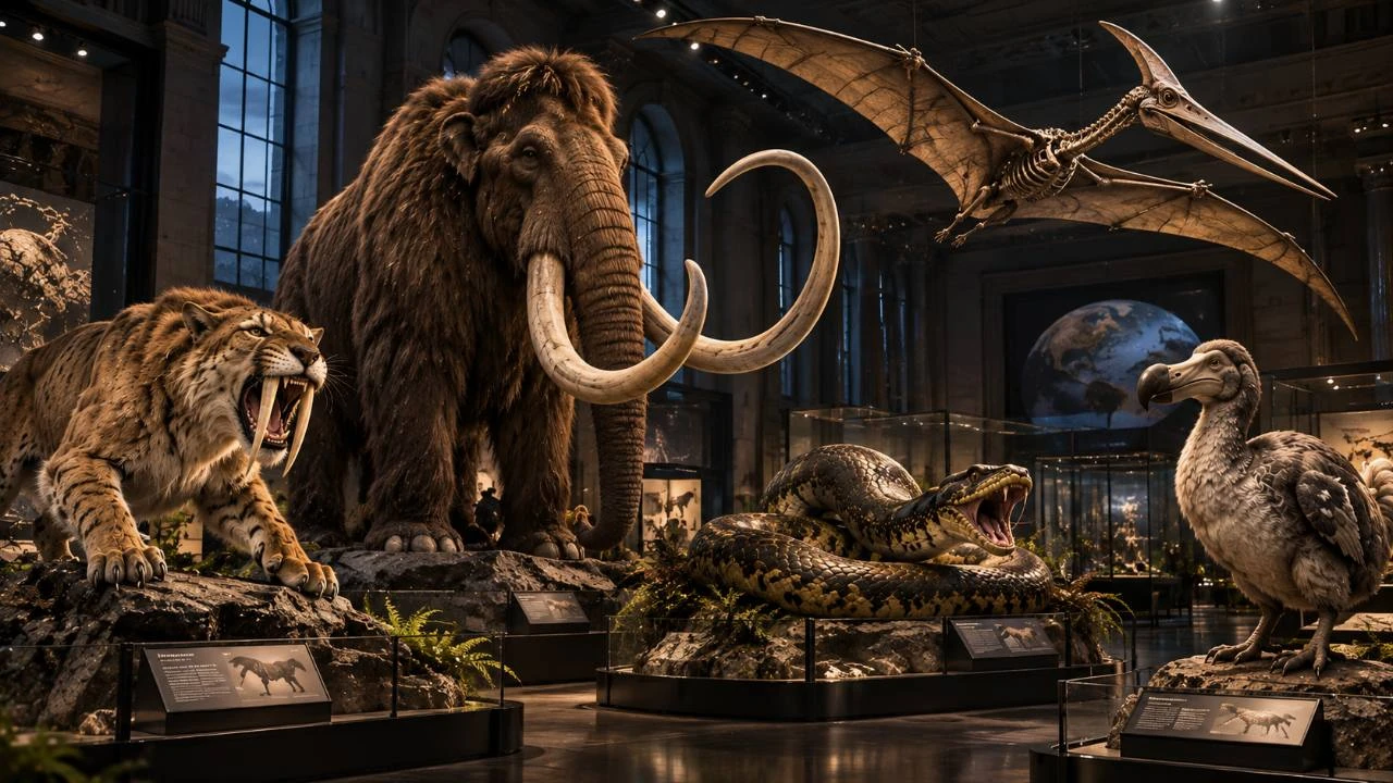 PRESDA AI-generated editorial illustration of extinct animals in an imagined museum. Not a photograph, a scientific reconstruction or a scene of animals that coexisted.