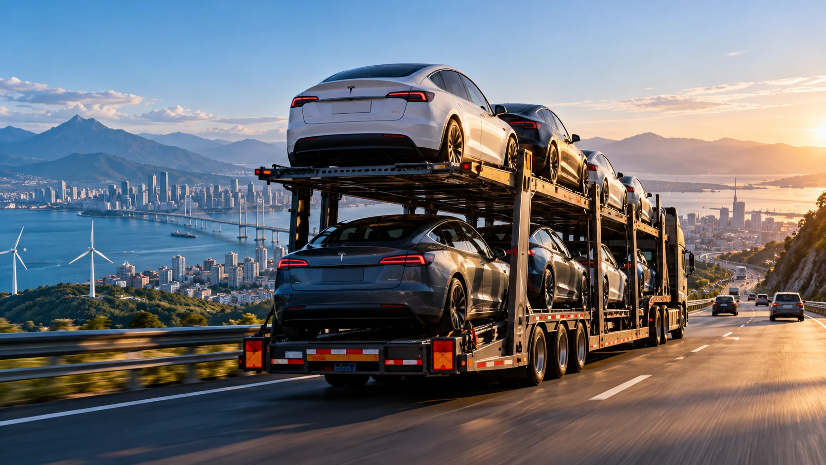 PRESDA AI-generated editorial illustration of a car transporter on an imagined coastal highway. Not a photograph of an actual shipment, location or manufacturer event.