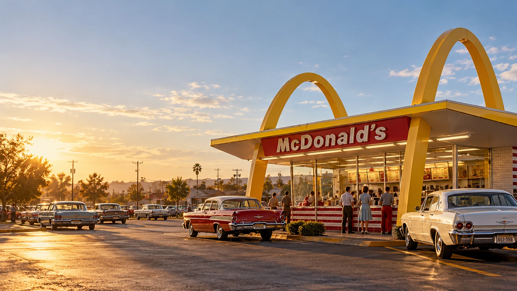 AI-generated illustration of an imagined vintage McDonald's restaurant at sunset