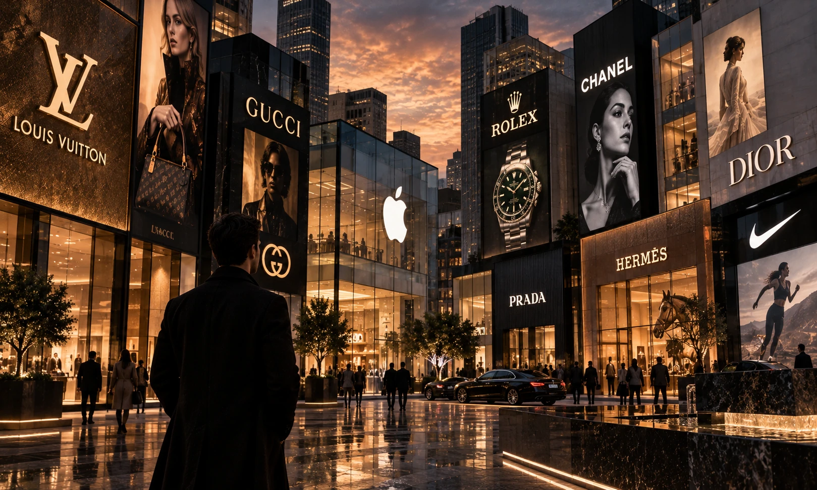 Illustration éditoriale générée par IA d’une avenue commerçante de luxe imaginaire au coucher du soleil, sans représenter un lieu réel ni un soutien des marques