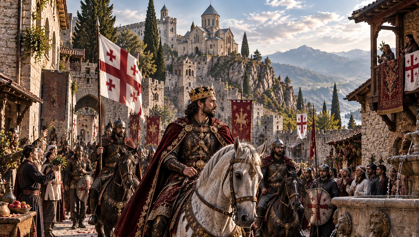 Editorial reconstruction of a Georgian monarch and court beside a mountain fortress and church