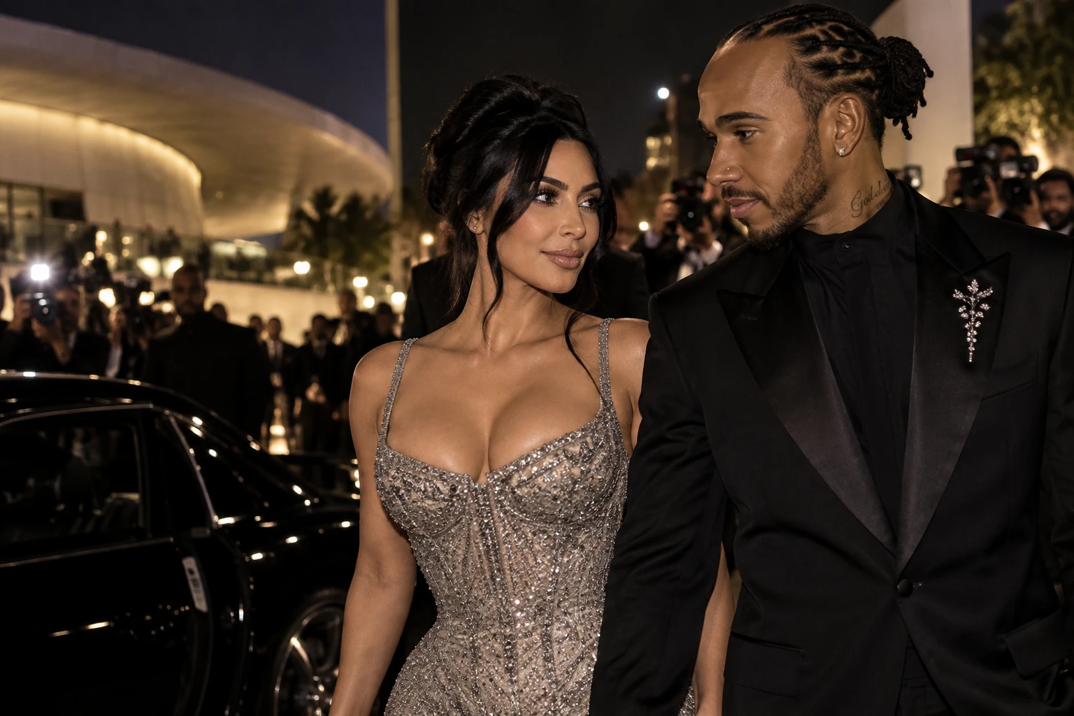 AI-generated editorial illustration of Kim Kardashian and Lewis Hamilton arriving at a gala, not a photograph of the Lucas Museum event