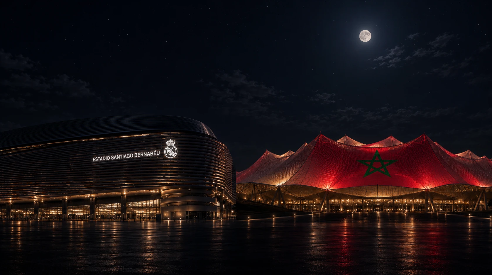 تصور تحريري يجمع برنابيو في مدريد وملعبا مغربيا مستوحى من الخيمة، وليس صورة لملعب الحسن الثاني بعد اكتماله