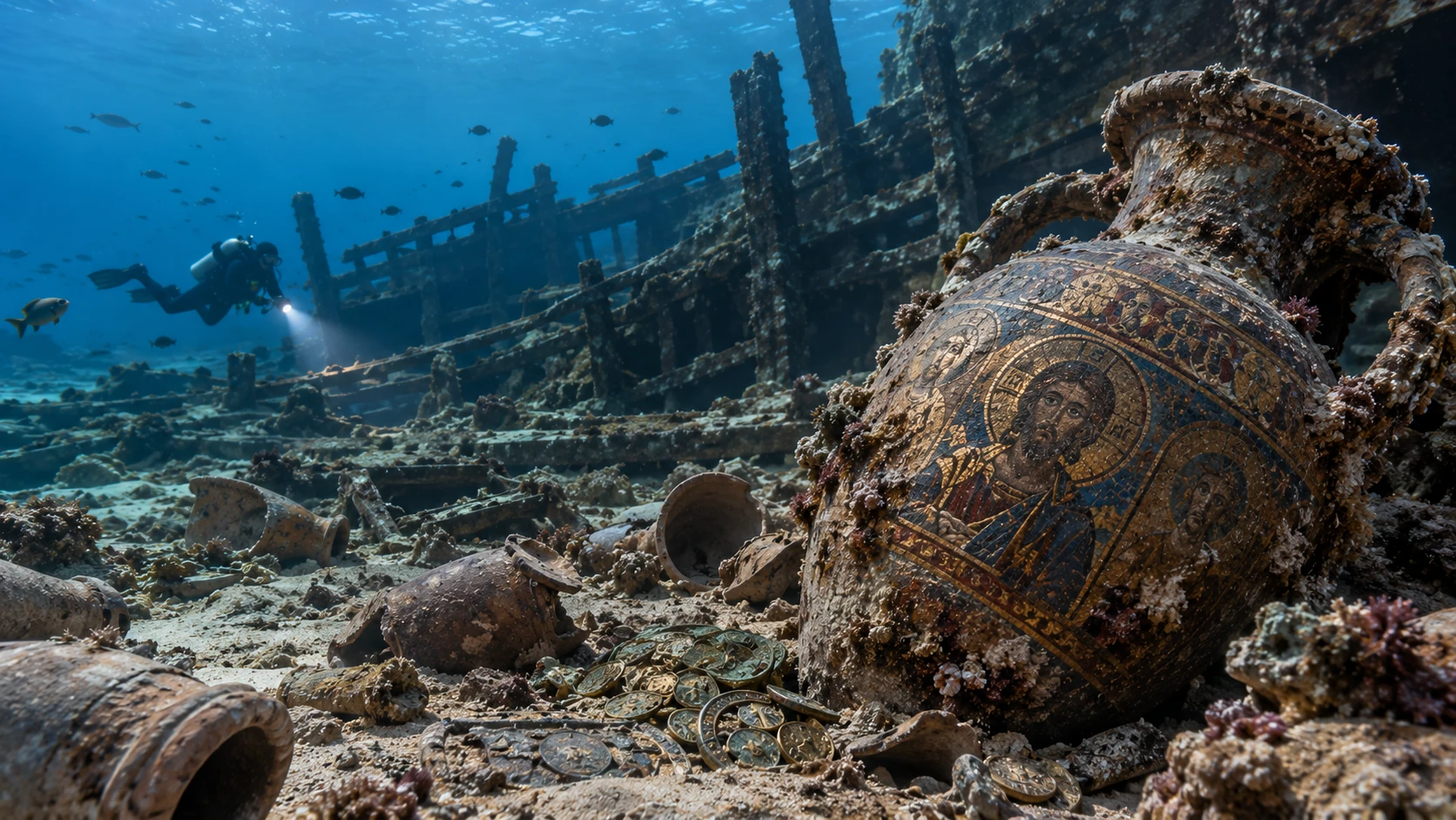 AI-generated conceptual reconstruction of a Byzantine shipwreck, diver and decorated amphora, not a photograph or an accurate inventory of the Mljet finds