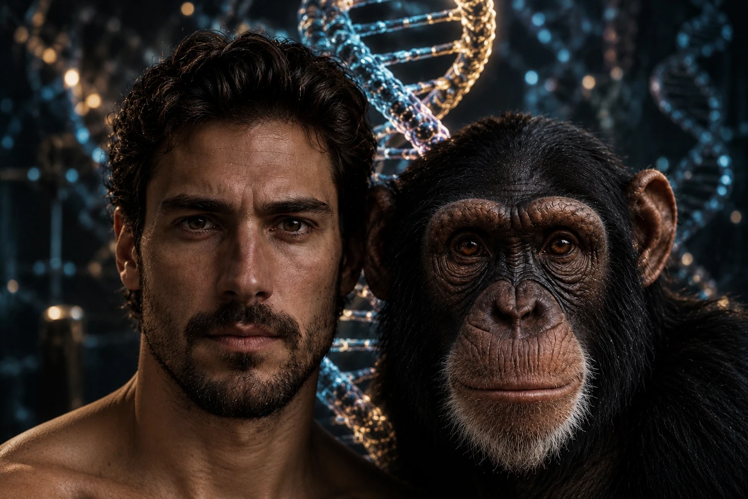 Illustration conceptuelle générée par IA d’un humain et d’un chimpanzé avec un motif d’ADN, sans expérience réelle ni sujets identifiés
