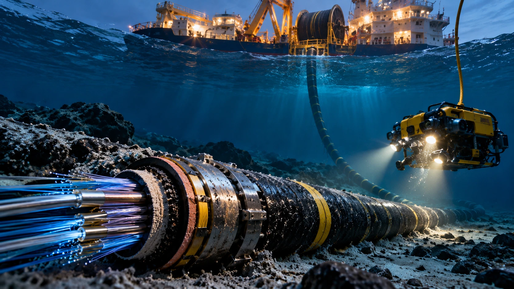 Editorial illustration of a cable ship and underwater robot beside an exaggerated submarine fibre-optic cable cutaway