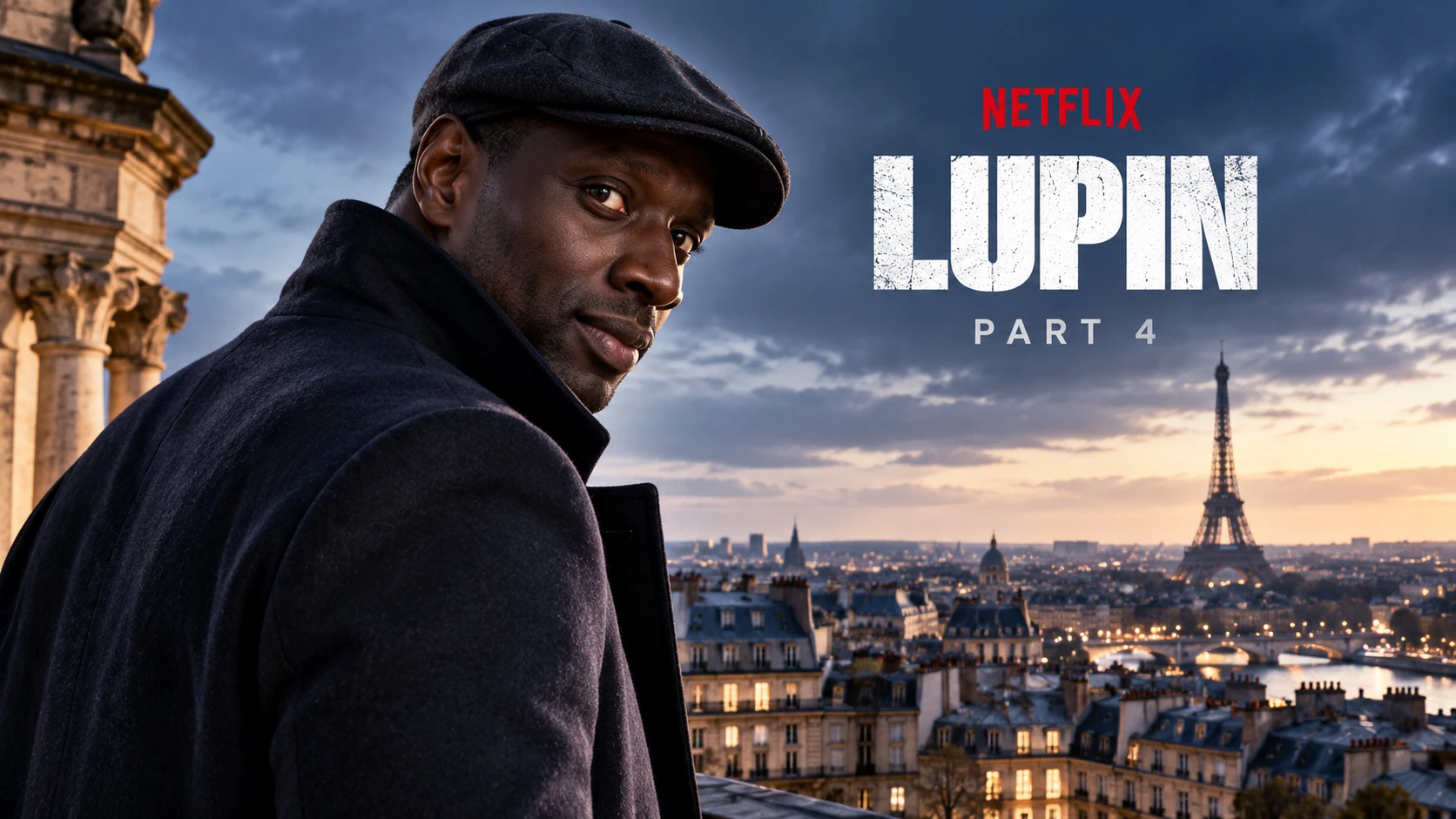 Ilustración con IA inspirada en el personaje de Omar Sy en Lupin ante un París imaginario