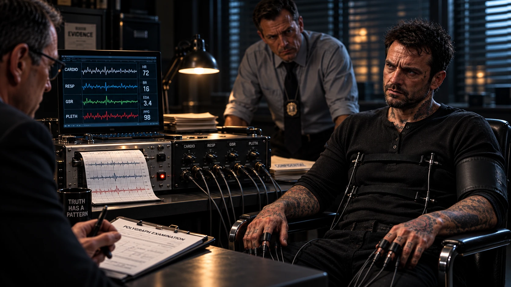 AI-generated editorial illustration of an interrogation with a seated subject on the right and visible polygraph equipment, not a real criminal case