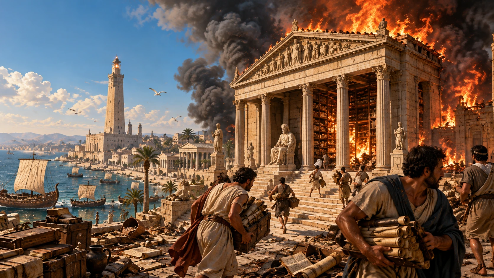 Recreación editorial aprobada de un incendio en Alejandría. Escena y arquitectura ilustrativas, no reconstrucción certificada de una destrucción única.