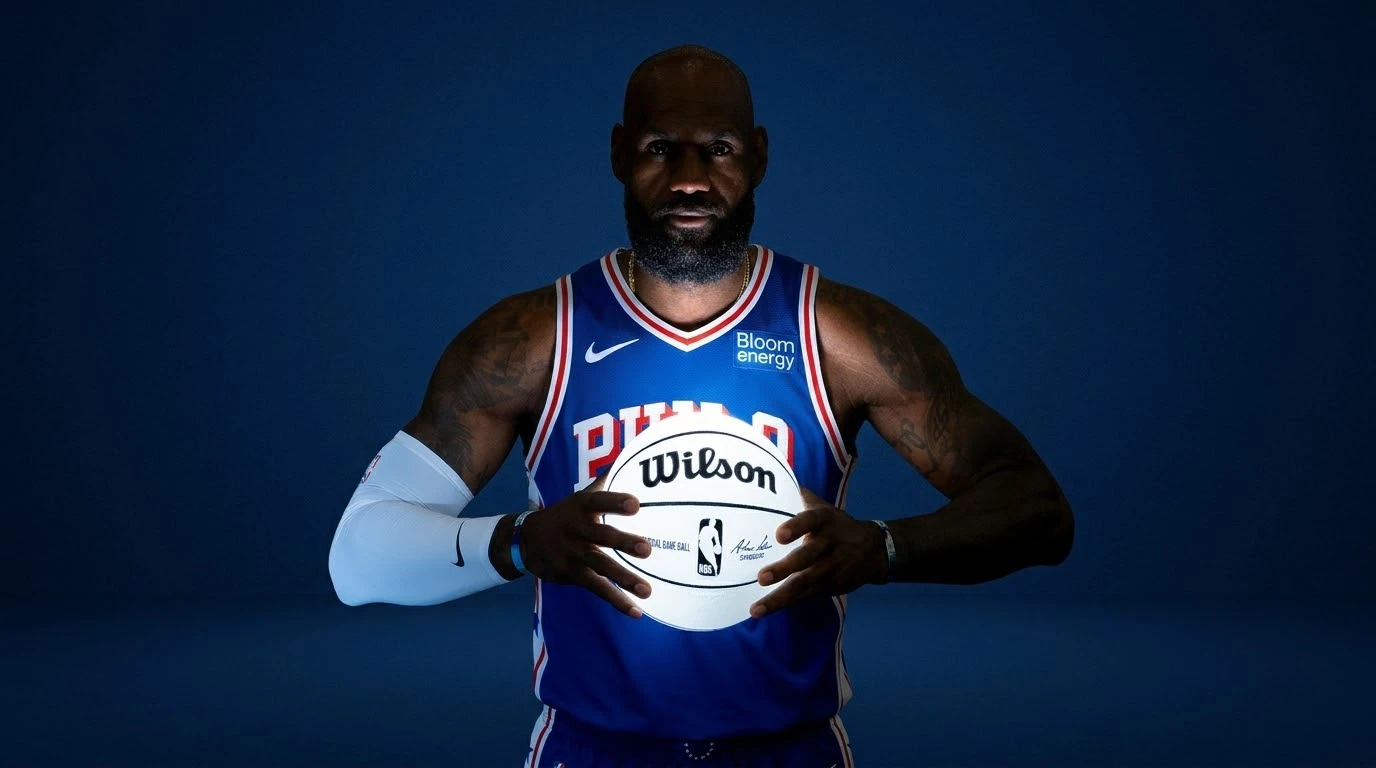 AI-generated editorial portrait of LeBron James holding a basketball in a Philadelphia jersey